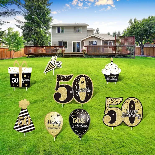 Vista 11 de Decoraciones de feliz cumpleaños 40 para hombres al aire libre 40 cumpleaños patio carteles con estacas negro y dorado 40 cumpleaños fiesta patio
