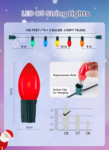 Vista 8 de Luces LED vintage C9 de Navidad para exteriores, luces de cadena C9 de 150 pies con 75 bombillas C9 irrompibles, luces comerciales impermeables