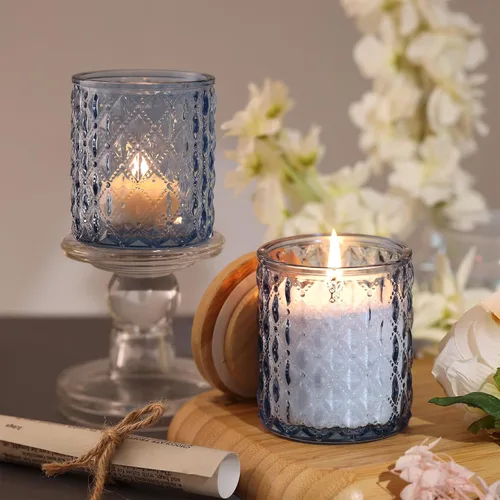 Vista 3 de NITIME 15 tarros de velas azules de 7.5 onzas para hacer velas, vasos de vela de vidrio con tapas de bambú y etiquetas adhesivas, recipientes