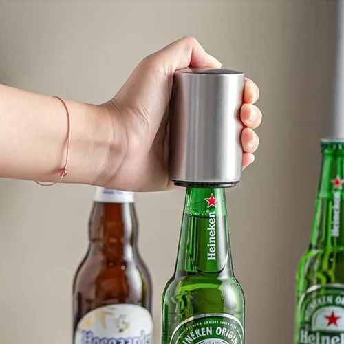 Vista 2 de Abrebotellas de cerveza, abridor automático magnético de acero inoxidable, sin tapa que puede escapar, tapa de apertura rápida para cocina, hogar