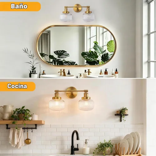 Vista 4 de foucasal Lámpara de tocador de 2 luces, aplique de pared industrial con pantalla de globo rayado transparente, luz de baño para dormitorio, sala