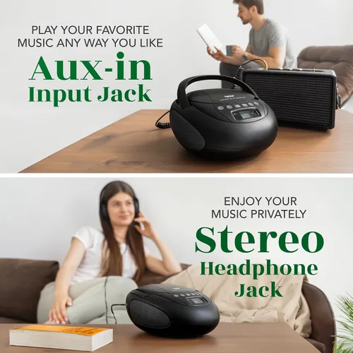 Vista 6 de Tyler Reproductor de CD portátil Boombox con radio FM, Bluetooth y puerto USB Sonido estéreo claro Compatible con CD-R/RW y MP3 CDs Entrada