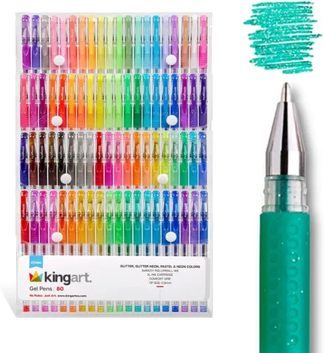 Vista 12 de KINGART Bolígrafos de gel de punta redonda con purpurina, 50 colores brillantes con comodidad de agarre suave, cartucho de tinta XL, más tinta