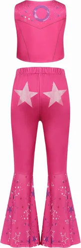 Vista 4 de Disfraz de vaquera para niñas, disfraz de discoteca hippie de los años 70 y 80, disfraz de Halloween, uniforme rosa