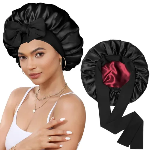 Vista 11 de Gorro de satén de seda para dormir, gorro de seda de doble capa con banda elástica para cabello rizado