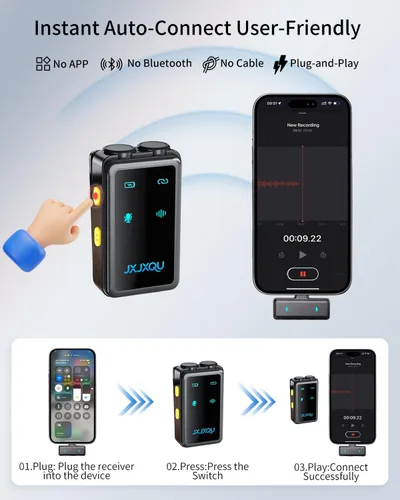 Vista 3 de Micrófono Lavalier inalámbrico para iPhone: micrófono JXJXQU con reducción de ruido inteligente, efecto de reverberación, batería de 30 H+, diseño