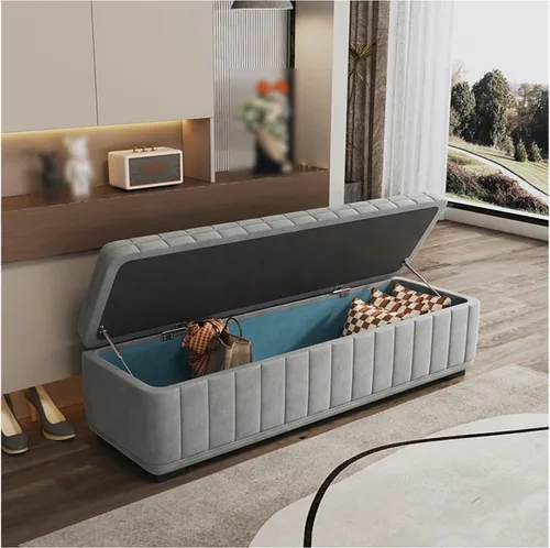 Vista 6 de Bedroom Ottoman Bench with Safety Hinge Storage Upholstered Fabric End of Bed Storage Bench for Bedroom and Living Room Large Grey Storage Bench