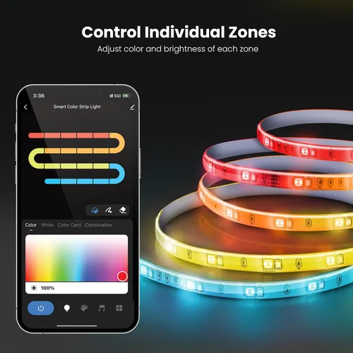 Vista 4 de Feit Electric Tira de luz LED de persecución inteligente de 10 pies, RGB que cambia de color + blanco sintonizable, aplicación Wi-Fi y control