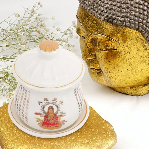Vista 5 de OSALADI Taza de cerámica con platillo Budista Taza de agua bendita taza de culto de cáliz chino Utensilio bendición taza de té con tapa