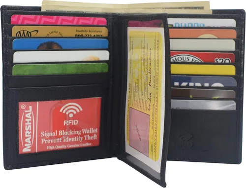 Vista 3 de Marshal Cartera plegable de cuero genuino con bloqueo RFID para hombres, ranuras para tarjetas, 2 compartimentos para billetes, ventanas
