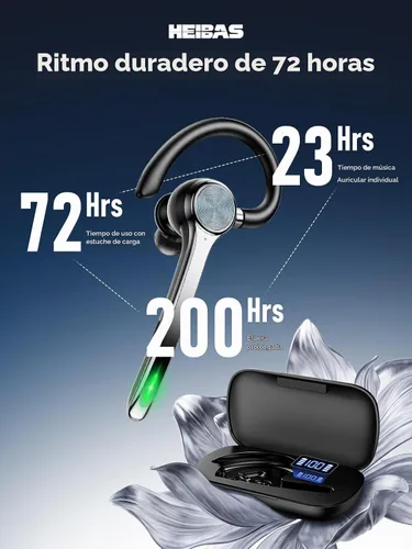 Vista 4 de HEIBAS Auriculares Bluetooth, Auriculares inalámbricos Bluetooth con estuche de carga de 500mAh, tiempo de conversación de 72 horas, micrófono Negro