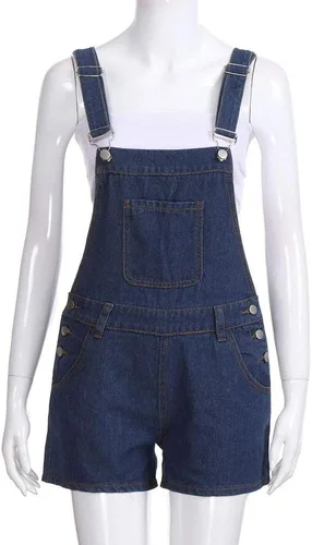 Vista 2 de JOFOW Enterizo corto de mezclilla para mujer, con bolsillo sólido, holgado, cintura alta, casual, holgado, a la moda