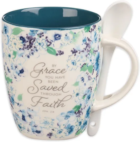 Vista 8 de Taza de café y té con escritura de Christian Art Gifts con juego de cucharas de cerámica para mujeres: Be Still and Know - Salmo 46:10 Mensaje
