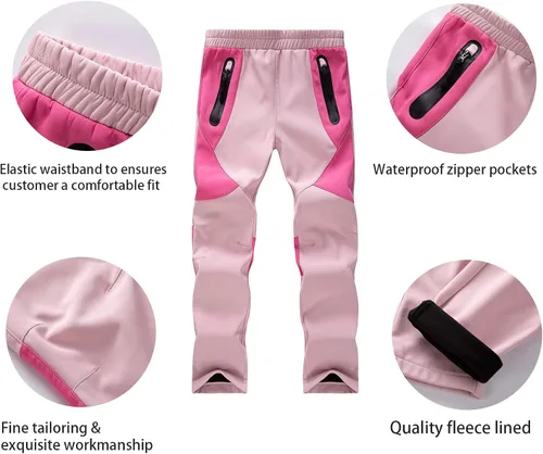 Vista 5 de WULFUL Pantalones de esquí de nieve impermeables para niños y niñas al aire libre de forro polar para senderismo, pantalones de snowboard aislados