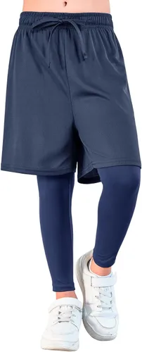 Vista 4 de Haloumoning Leggings deportivos para niños con pantalones cortos 2 en 1 para correr, entrenamiento, pantalones deportivos de 5 a 14 años
