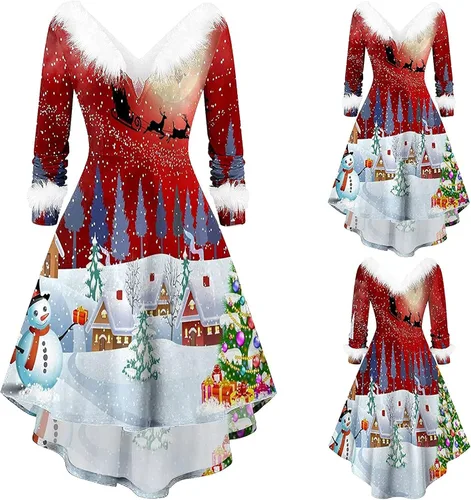 Vista 2 de TWGONE Vestido de Navidad para mujer cuello en V felpa cuello en V caricaturas festival cóctel fiesta vestido acampanado