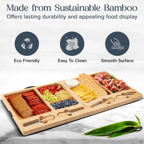 Vista 3 de Tabla de charcutería – Tabla grande de queso de bambú con juego de cuchillos magnéticos – Plato de queso de madera – Tabla de charcutería plegable