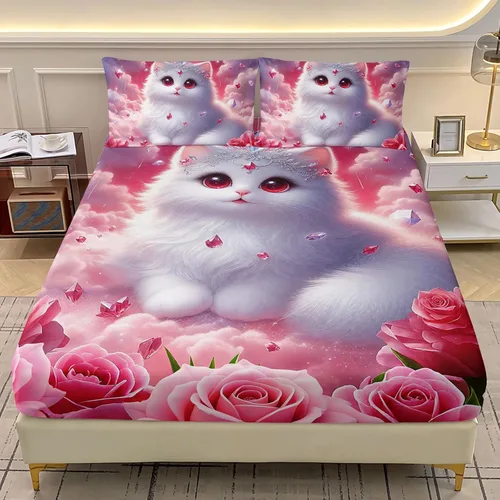 Vista 19 de AILONEN Lovely Bear - Juego de sábanas bajeras tamaño Queen, juego de ropa de cama con pajarita de dibujos animados para niños y niñas, sábana