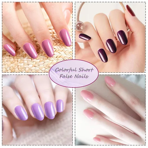 Vista 4 de EBANKU 960 uñas postizas cortas y coloridas para mujer, uñas ovaladas a presión, acrílicas brillantes, cobertura completa, puntas de uñas postizas