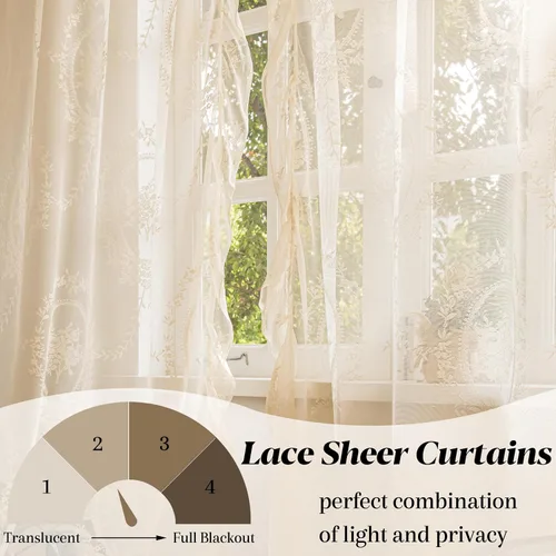 Vista 4 de Sutuo Home Juego de 2 cortinas de encaje beige, paneles transparentes de 63 pulgadas de largo, bordado floral de rosas, tratamiento de ventana