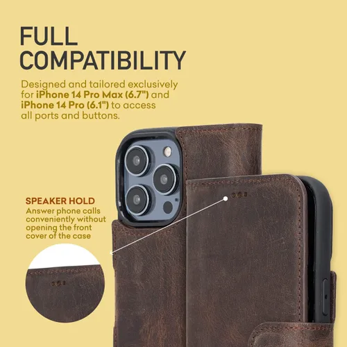Vista 4 de Bayelon Funda para iPhone 14 Pro Max, funda de cuero de grano completo, 2 en 1, funda magnética desmontable con ranuras para tarjetas, función