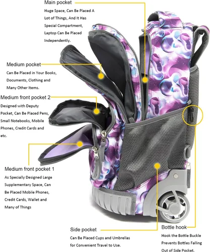 Vista 3 de Mochila con ruedas de 18 pulgadas, multicompartimento, tamaño grande, antisuciedad para niños, de Tilami, hiking