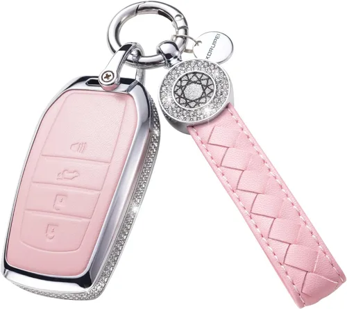 Vista 30 de Funda para llave inteligente con llavero, de piel auténtica color rosa, con cristales, carcasa protectora