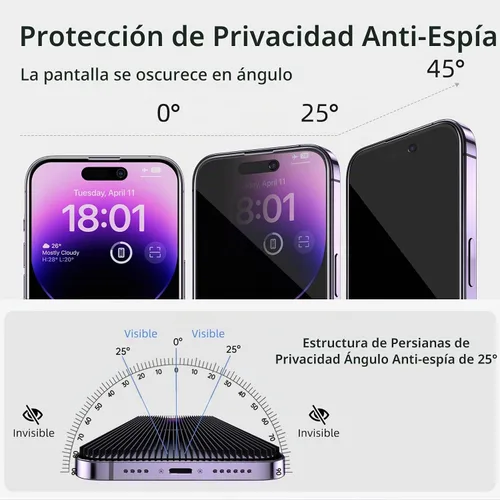 Vista 5 de Protector de pantalla de privacidad Ruwa para iPhone 14 Pro Max [Pack de 3] [17 cm] Película de vidrio templado para pantalla con marco