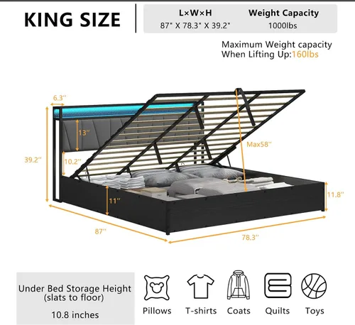 Vista 2 de LUXOAK Marco de cama de almacenamiento elevable tamaño King con luces LED, cabecera tapizada de lino con estación de carga, marco de cama de Negro