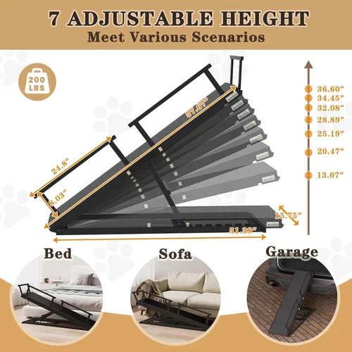 Vista 3 de Rampa para perros para cama, 7 niveles ajustables (13-37 pulgadas), rampa para perros de madera de abedul para cama alta, sofá, plegable de 60