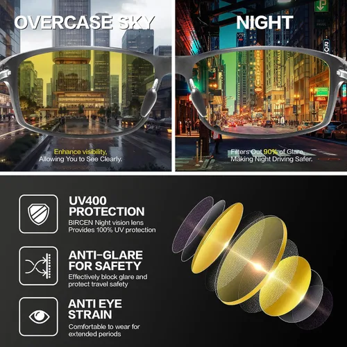 Vista 3 de BIRCEN Gafas de visión nocturna para conducir Al-Mg Metal Yellow Anti-Glare Night Glasses Reduce la fatiga ocular para los conductores Lluvia Nieve