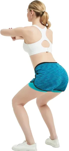 Vista 3 de Riboom - Pantalones cortos de doble capa para mujer, para entrenamiento, fitness, correr, yoga, gimnasio, deportes.