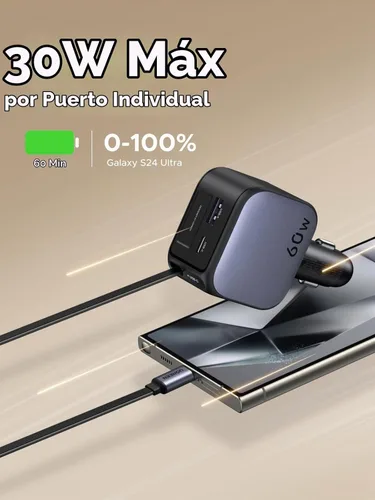 Vista 3 de UGREEN Cargador de coche 2C1A de 60 W con cable retráctil, cargador rápido de 3 puertos con 30 W PD USB-C, USB-A, adaptador de encendedor