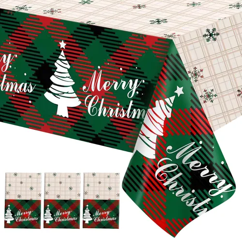 Vista 12 de Mantel de Navidad, 2 piezas de mantel de Navidad desechable para mesa rectangular, 54" x 108" de plástico con diseño de copo de nieve, árbol