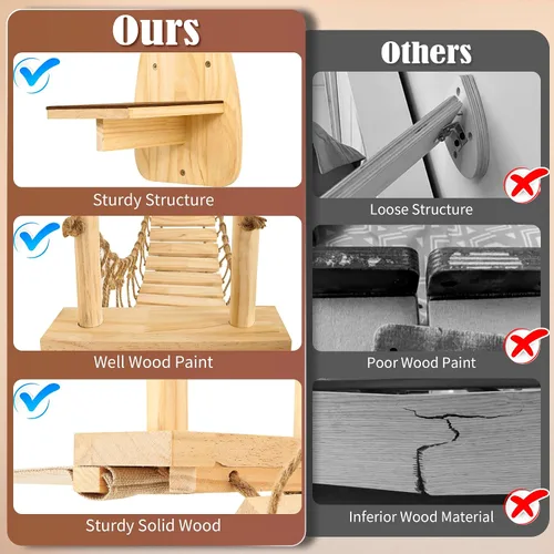 Vista 12 de Calmbee Estantes de Pared para Gatos, Muebles de Pared para Gatos Puente para Gatos de 70" Montaje en Pared Percha para Gatos Hamaca de Madera Árbol