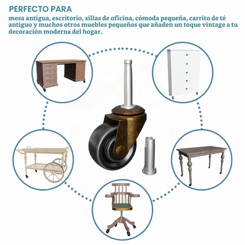 Vista 4 de Ruedecillas de latón antiguo con ruedas de goma de vástago de 1-5/8" para repuesto de sillas, sofás, cómodas Rodillos de muebles vintage