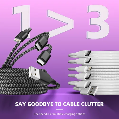 Vista 4 de MPATIBY - Cable de carga múltiple, doble tipo C Cable de carga de nailon trenzado 3 en 1 con puertos IP/tipo C para teléfonos