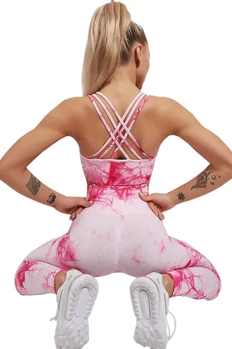 Vista 6 de YuMENo Conjuntos de entrenamiento de teñido anudado para mujer, 2 piezas, sin costuras, cintura alta, leggings de yoga con brasier deportivo, ropa