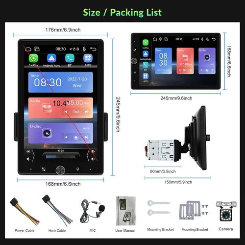 Vista 8 de Estéreo de coche con pantalla táctil Single Din de 10.4 pulgadas con Carplay inalámbrico y Android Auto, radio de coche ajustable con Bluetooth
