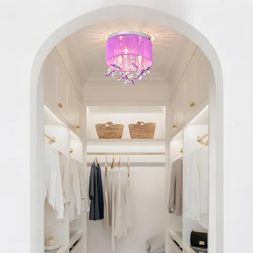 Vista 9 de LaLuLa Candelabro de cristal morado para dormitorio de niñas, lámpara de techo E12 de 3 luces, pantalla de cuerda de algodón hecha a mano, elegante