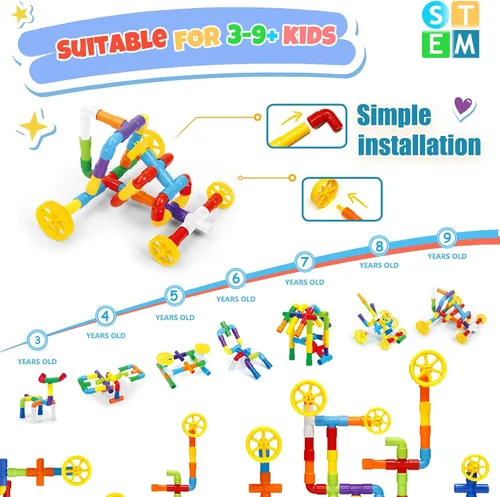 Vista 4 de Ggiibro Juguete de Construcción STEM para Niños Pequeños 200 Piezas Juguete de Tubo, Juego Educativo Preescolar para 3+ Años, Bloques