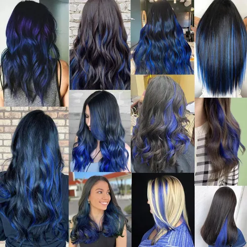 Vista 5 de 12 extensiones de cabello azul con clip en reflejos de 20 pulgadas, extensiones de cabello lacio de color liso con clip para mujer, peluca arcoíris