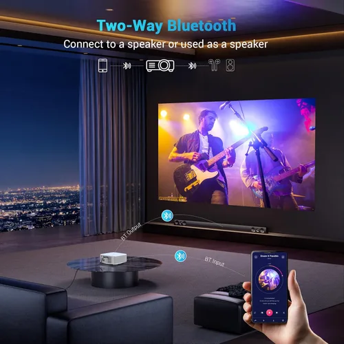Vista 4 de Mini proyector portátil con enfoque eléctrico, proyector NICPOW Full HD 1080P, proyector de películas Bluetooth con Keystone automático, Bluetooth