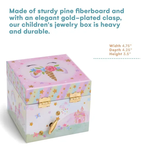Vista 5 de Jewelkeeper Joyero para niñas con 1 cajón, joyeros musicales de unicornio para fiestas, hermosa melodía soñadora y muñeca de unicornio giratoria