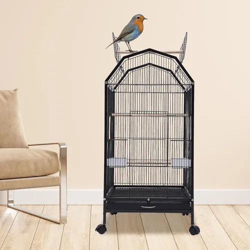 Vista 8 de Play Jaula para pájaros mediana y pequeña, de acero forjado con soporte rodante desmontable para loros, tortolitos, pinzones, canarios, periquitos