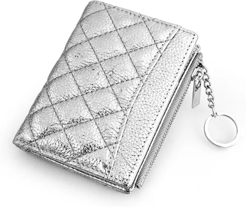 Vista 10 de befen Cartera delgada de cuero auténtico con RFID, billetera de dos pliegues para mujer con bolsillo con cremallera y llavero, Negro, Talla única