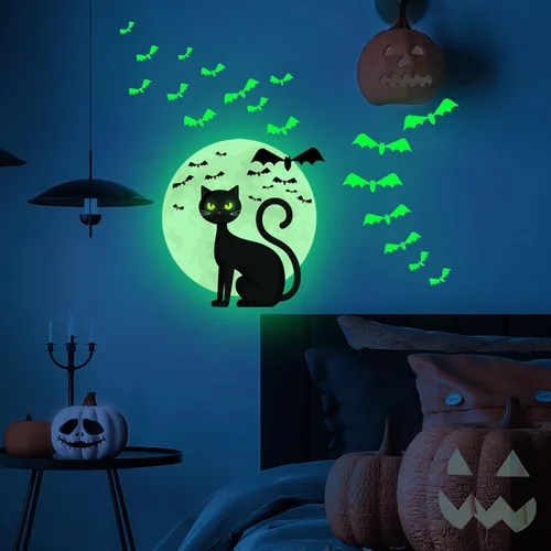 Vista 2 de Calcomanías de pared de Halloween que brillan en la oscuridad, calcomanías de pared de Halloween, calcomanías de pared luminosas de gato