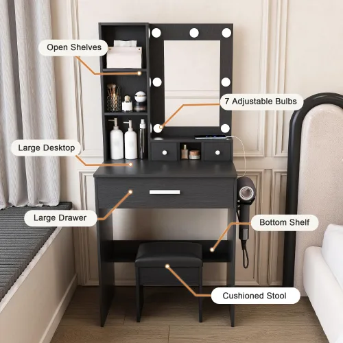 Vista 5 de Mesa de tocador con espejo y luces LED ajustables, toma de corriente, soporte para secador de pelo y taburete, para dormitorios pequeños (blanco)
