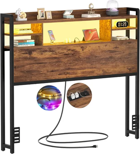 Vista 10 de Aheaplus Cabecero para cama de tamaño individual con almacenamiento, cabeceros con luz LED, tomas de corriente, puertos USB, tamaño individual