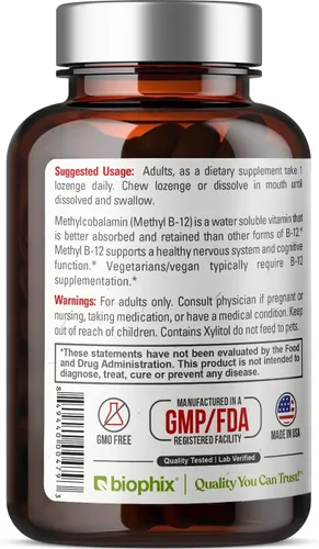 Vista 9 de biophix Metil B-12 10000 mcg 90 pastillas veganas sabor cereza extra fuerte - Apoya el sistema nervioso salud inmune metabolismo flujo sanguíneo